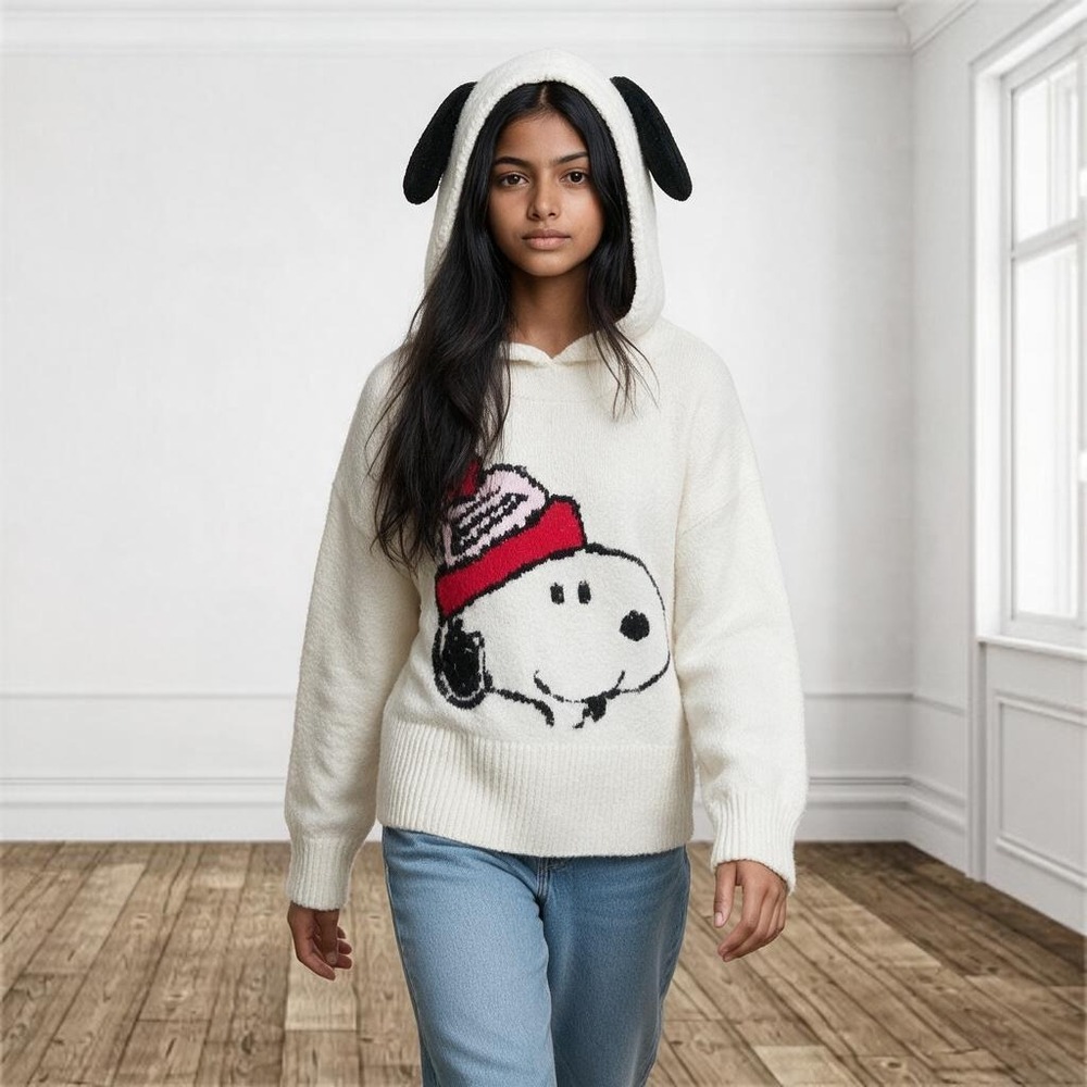 Justice Peanuts Snoopy White Fuzzy Hoodie Sweater 3D Ears Girls XL 16/18